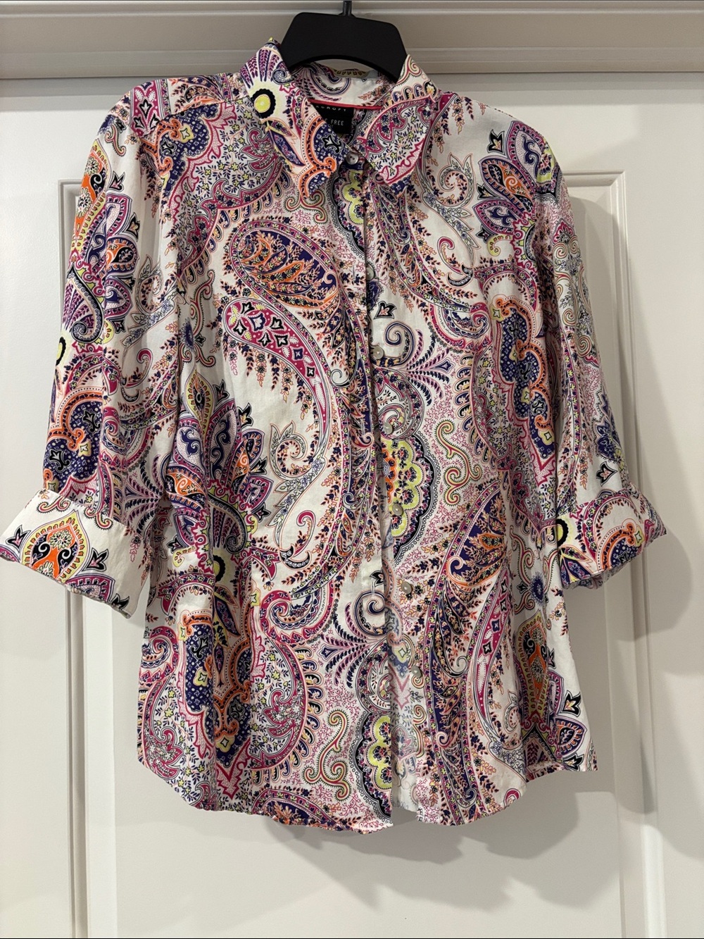 Foxcroft Paisley Button-Front Blouse in White, Pink and Purple